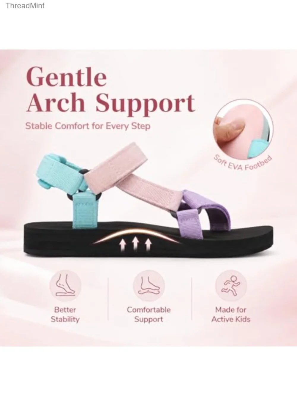 Kids Hiking Sandals with Arch Support, Quick-Dry Water Shoes, Adjustable Strap,